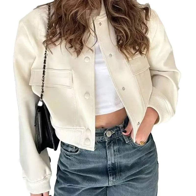 Fashion Women Elegant Solid Bomber Jacket Long Sleeve Button Slim Cropped Coat Female Casual Chic Tops TRAF Woman Streetwear