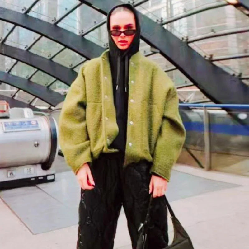 Vintage Laple Bomber Jackets Women Loose Thicken Single Breasted Zipper Female Coats 2025 Spring Autumn Fashion Lady Outerwears