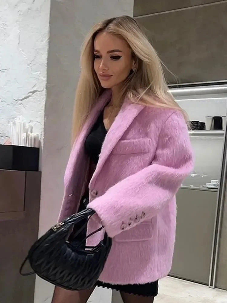 Fashion Lapel Woolen Plush Pink Coats Women Long Sleeves Single Breasted Loose Jackets Autumn Office Lady Pockest Overcoat