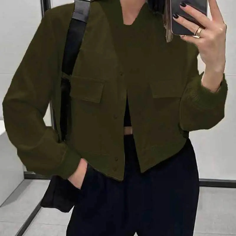 Fashion Women Elegant Solid Bomber Jacket Long Sleeve Button Slim Cropped Coat Female Casual Chic Tops TRAF Woman Streetwear