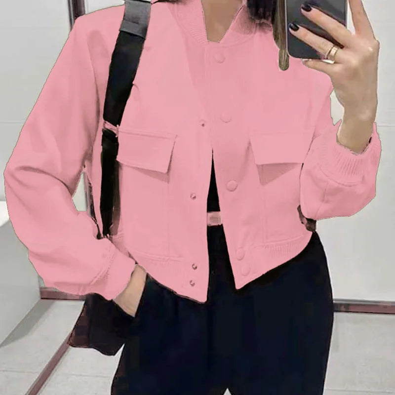 Fashion Women Elegant Solid Bomber Jacket Long Sleeve Button Slim Cropped Coat Female Casual Chic Tops TRAF Woman Streetwear