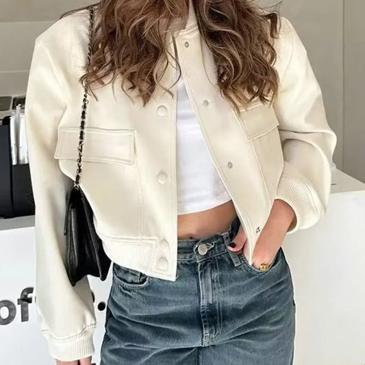 Fashion Women Elegant Solid Bomber Jacket Long Sleeve Button Slim Cropped Coat Female Casual Chic Tops TRAF Woman Streetwear