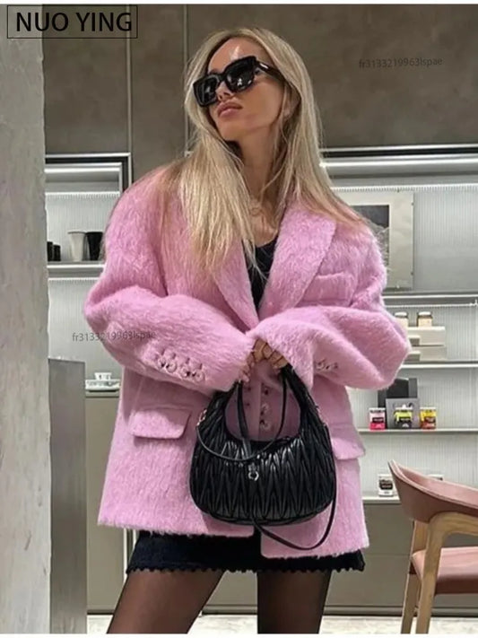 Fashion Lapel Woolen Plush Pink Coats Women Long Sleeves Single Breasted Loose Jackets Autumn Office Lady Pockest Overcoat