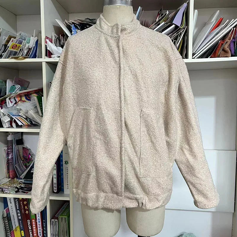 Vintage Laple Bomber Jackets Women Loose Thicken Single Breasted Zipper Female Coats 2025 Spring Autumn Fashion Lady Outerwears